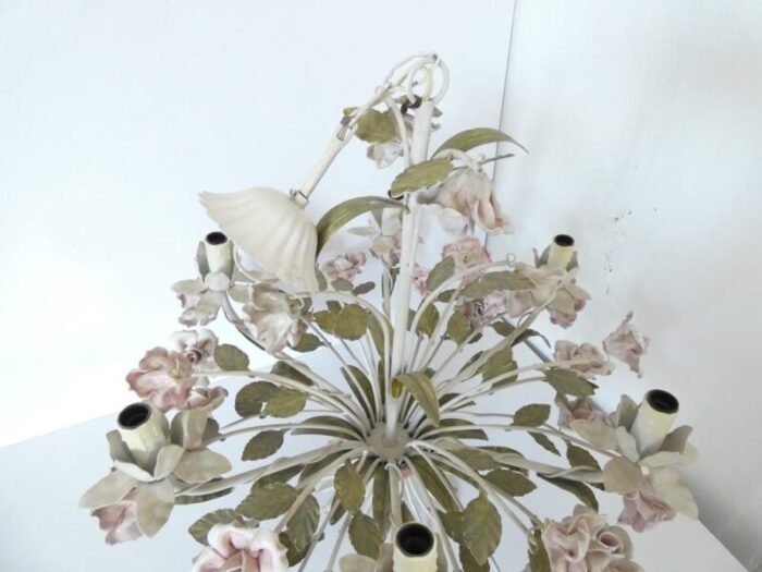 vintage french tole chandelier with porcelain roses 9824