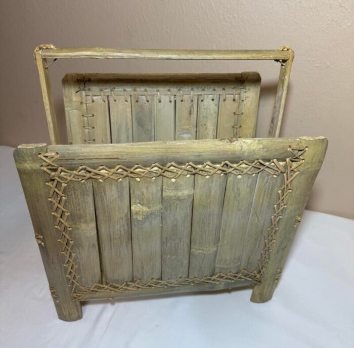 vintage handcrafted bamboo and rattan cerused finish magazine rack 1577