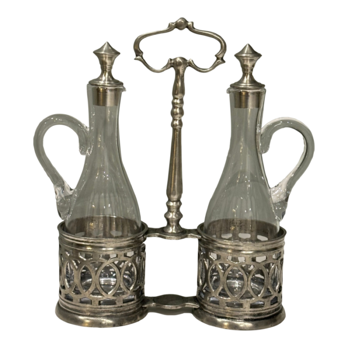 vintage italian pewter and glass oil and vinegar cruet set 3517