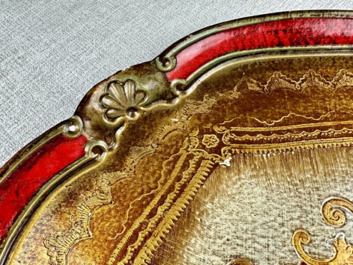 vintage large florentine italy red and gilt serving tray 0143