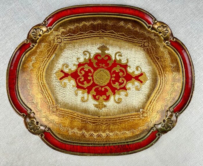 vintage large florentine italy red and gilt serving tray 2104