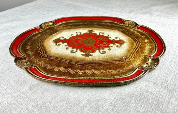 vintage large florentine italy red and gilt serving tray 7344