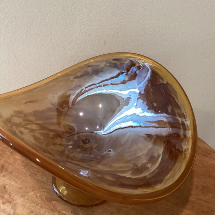 vintage large hand blown iridescent honey amber crystal pedestal bowl murano style italy 1601