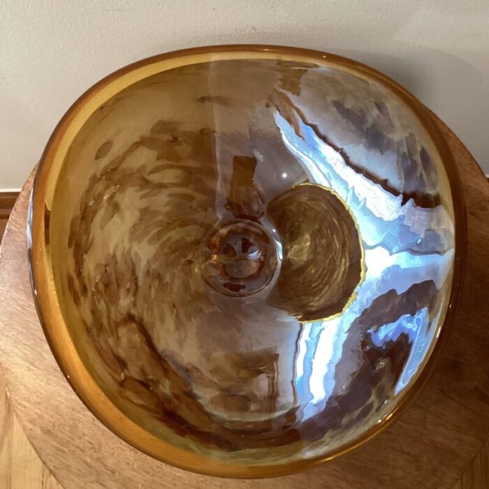 vintage large hand blown iridescent honey amber crystal pedestal bowl murano style italy 1799