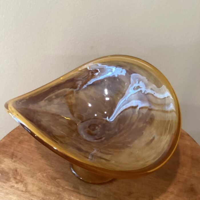 vintage large hand blown iridescent honey amber crystal pedestal bowl murano style italy 2607