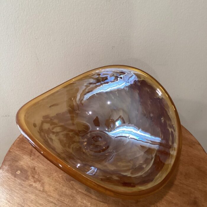 vintage large hand blown iridescent honey amber crystal pedestal bowl murano style italy 3612