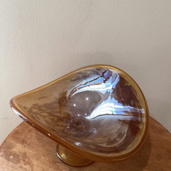 vintage large hand blown iridescent honey amber crystal pedestal bowl murano style italy 4220