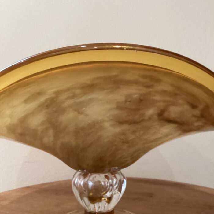 vintage large hand blown iridescent honey amber crystal pedestal bowl murano style italy 6154