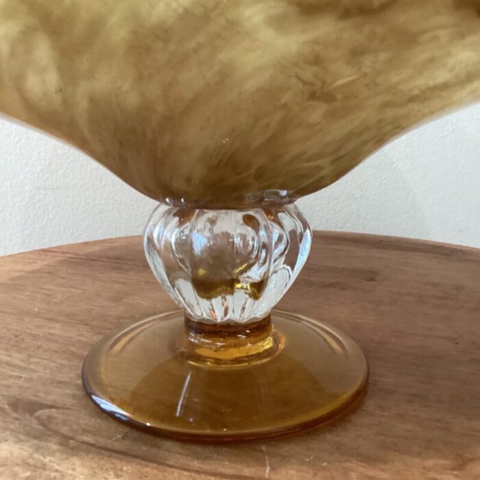 vintage large hand blown iridescent honey amber crystal pedestal bowl murano style italy 6288