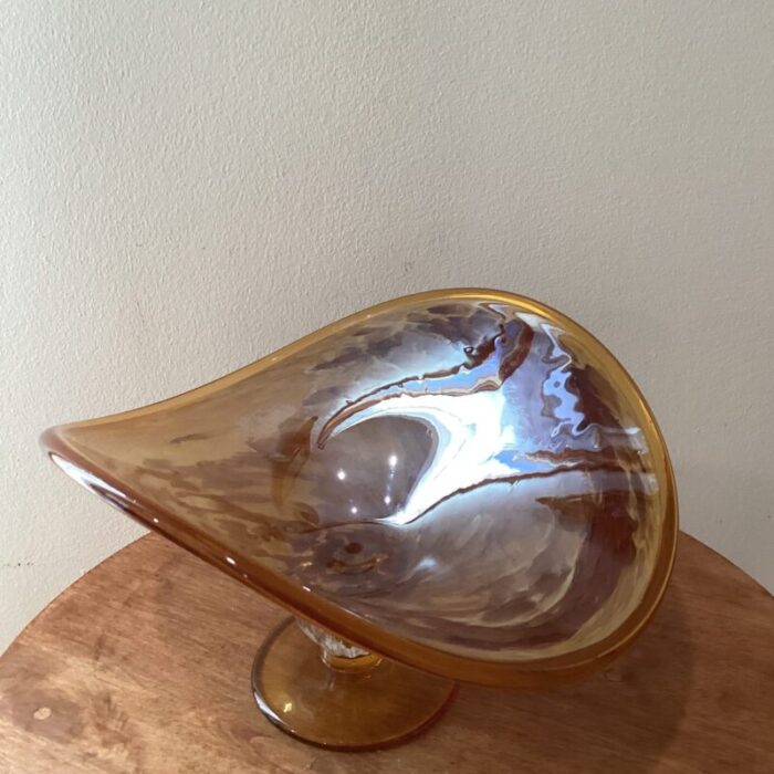 vintage large hand blown iridescent honey amber crystal pedestal bowl murano style italy 9834