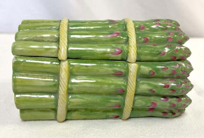 vintage majolica style porcelain trinket box asparagus wrapped with rope 4638