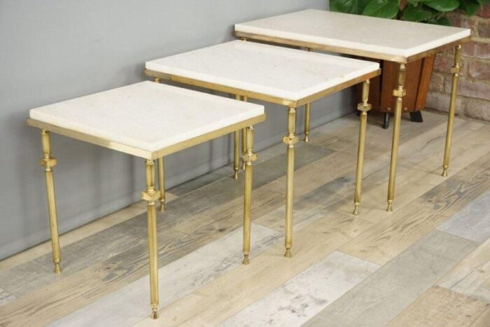 vintage marble and brass nesting tables 1960s set of 3 0876