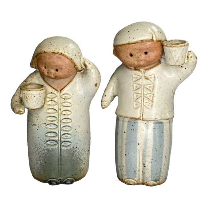 vintage mid century modern japan uctci set of japanese boy and girl stoneware salt pepper shakers 9181