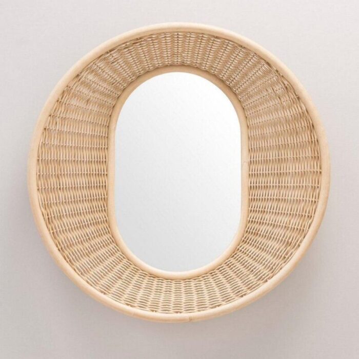 vintage mirror in braided rattan frame 2563