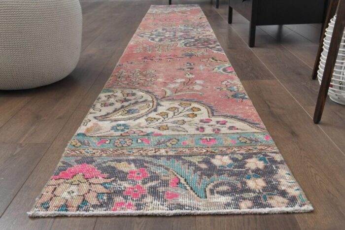 vintage narrow turkish handmade wool oushak runner rug in red 1950s 2