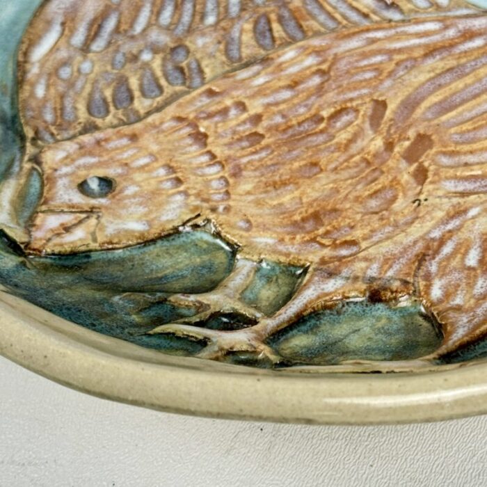 vintage pair of ceramic footed plate with two hens circa 2000 by the quyle kilns california signed 1257