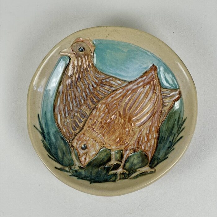 vintage pair of ceramic footed plate with two hens circa 2000 by the quyle kilns california signed 3237