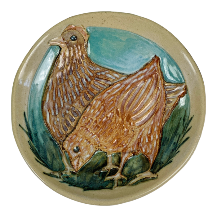 vintage pair of ceramic footed plate with two hens circa 2000 by the quyle kilns california signed 8108