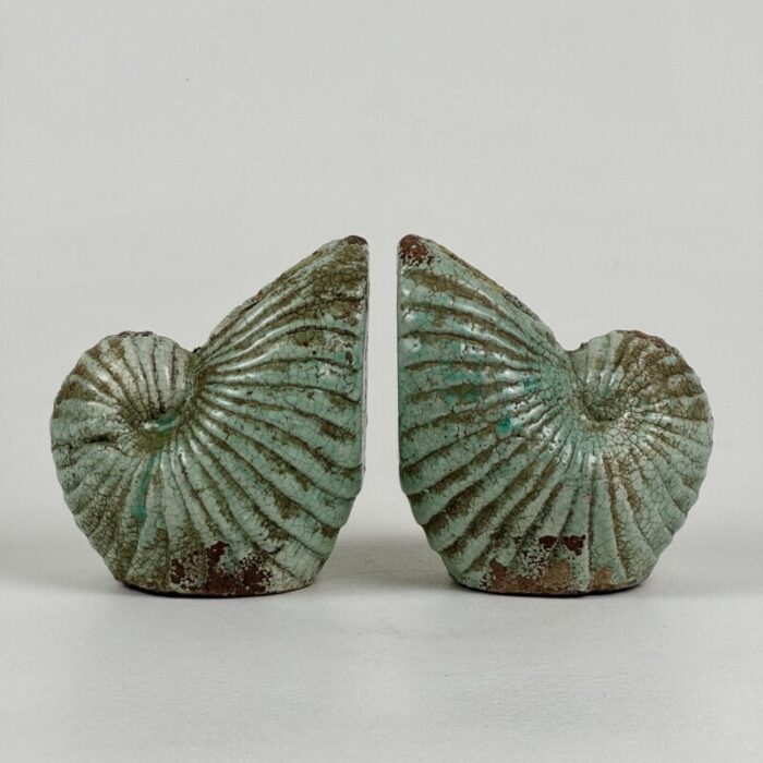 vintage pair of ceramic seashell bookendsvases in teal blue 1764