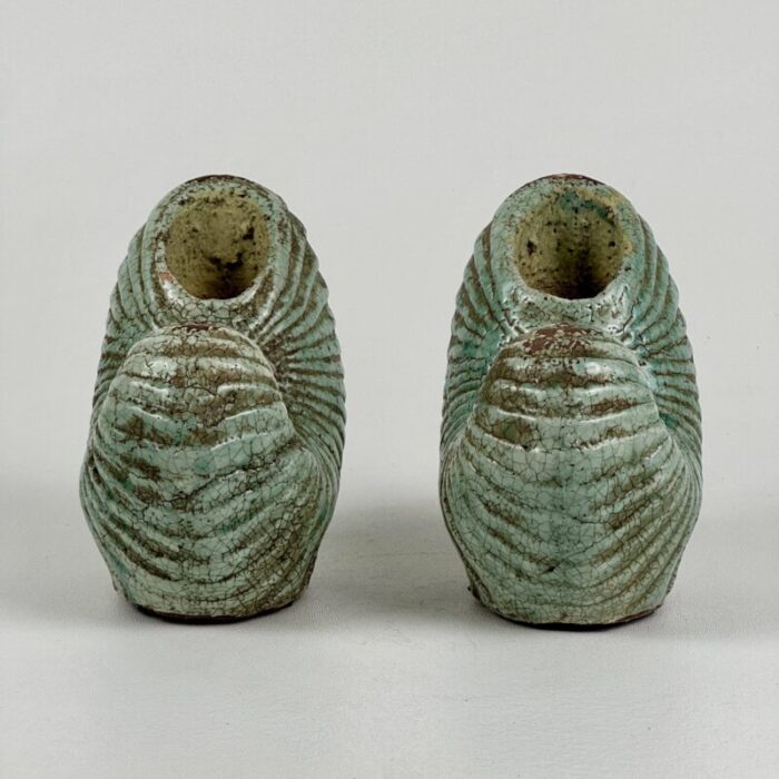 vintage pair of ceramic seashell bookendsvases in teal blue 4550