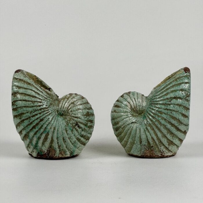 vintage pair of ceramic seashell bookendsvases in teal blue 6490