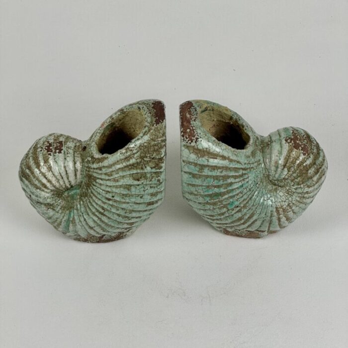 vintage pair of ceramic seashell bookendsvases in teal blue 9845