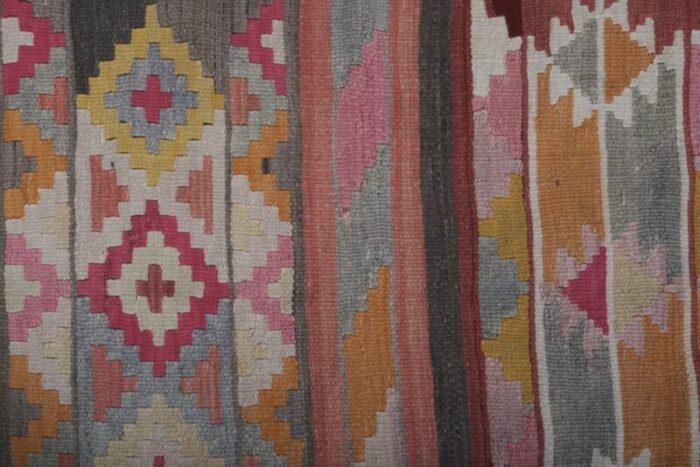 vintage pink orange yellow kilim hallway runner rug 7