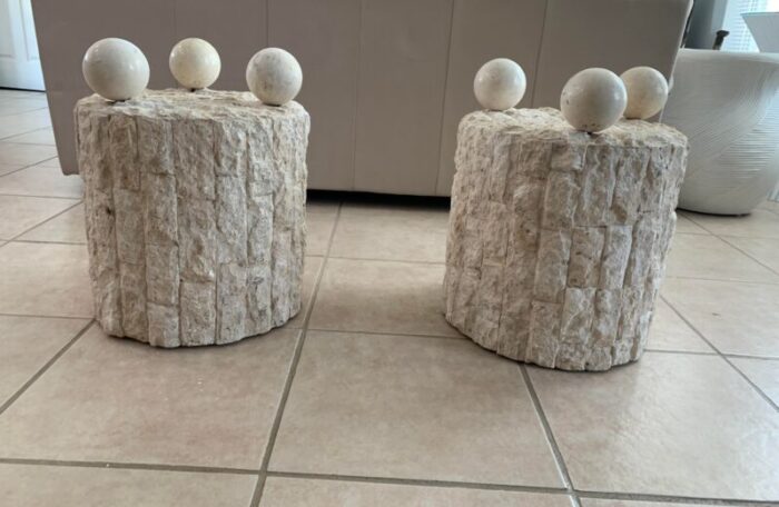 vintage postmodern tessellated geometric round side tables base a pair 1514