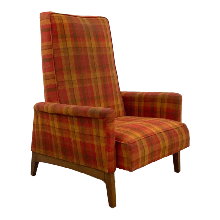 vintage reclining lounge chair in unique checkered fabric mid century modern 3473