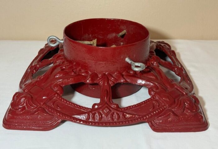 vintage red enameled embossed cast iron christmas tree stand large diameter 2232