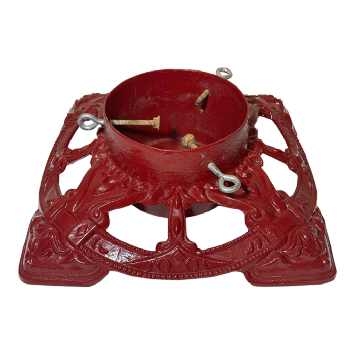 vintage red enameled embossed cast iron christmas tree stand large diameter 2887