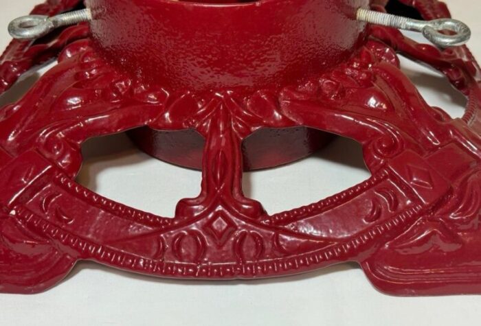 vintage red enameled embossed cast iron christmas tree stand large diameter 7479