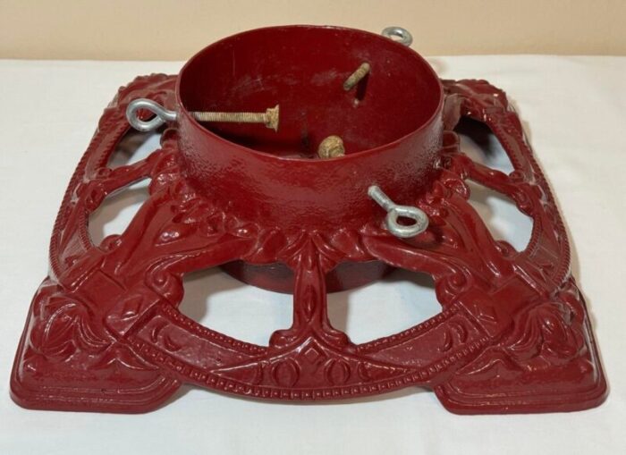 vintage red enameled embossed cast iron christmas tree stand large diameter 7775