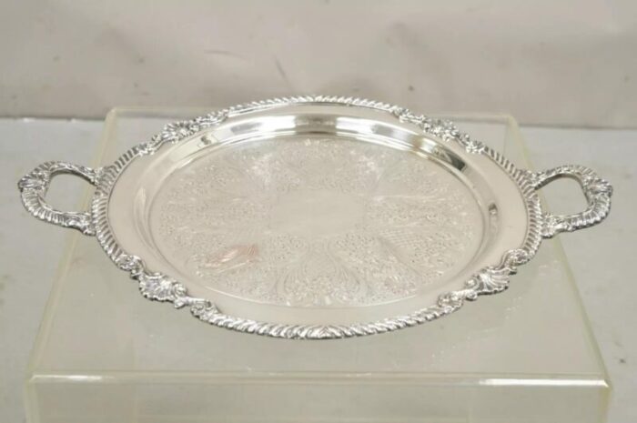 vintage sheffield victorian style silver plated round twin handle platter tray 2520