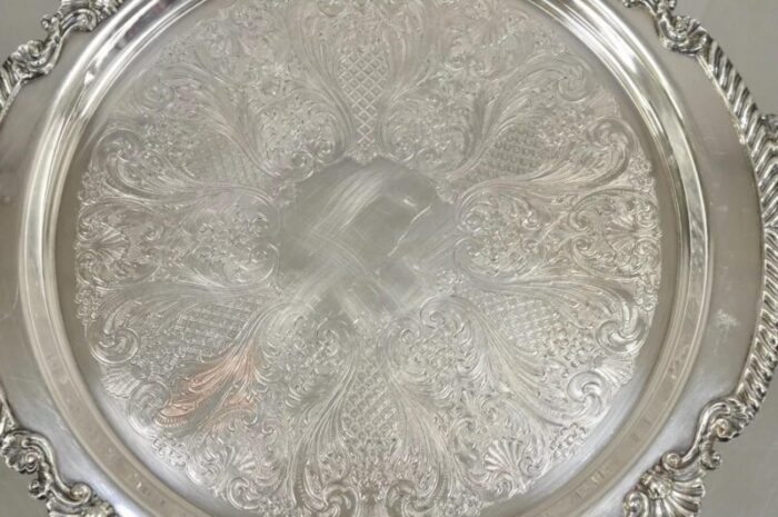 vintage sheffield victorian style silver plated round twin handle platter tray 4671