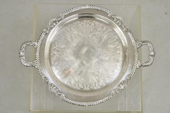 vintage sheffield victorian style silver plated round twin handle platter tray 7858