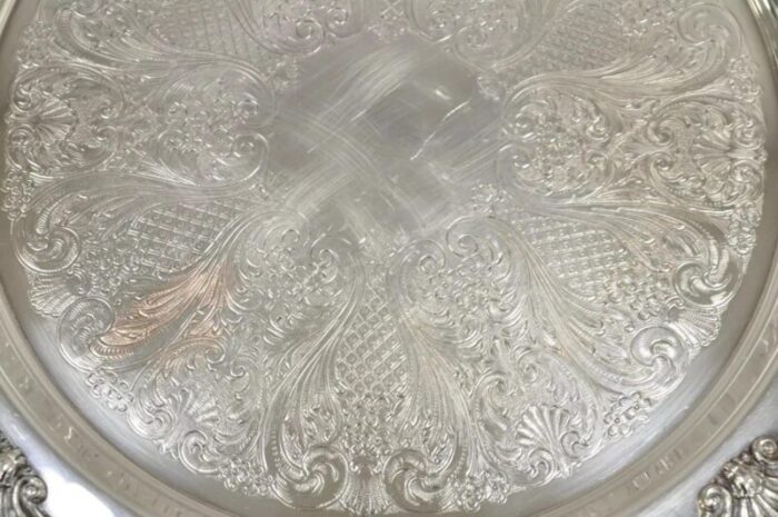 vintage sheffield victorian style silver plated round twin handle platter tray 9314