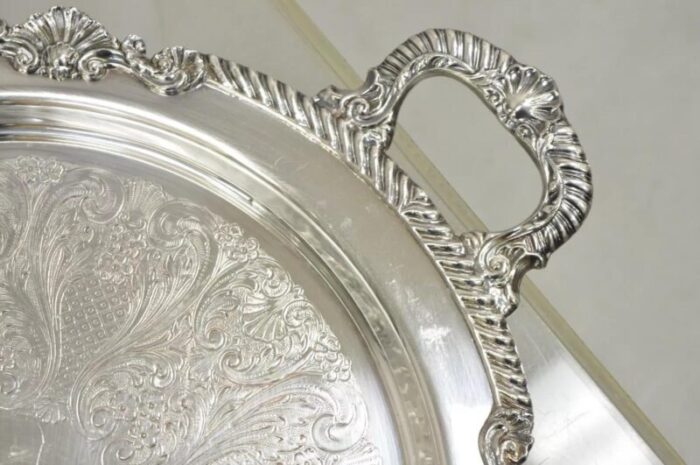 vintage sheffield victorian style silver plated round twin handle platter tray 9873