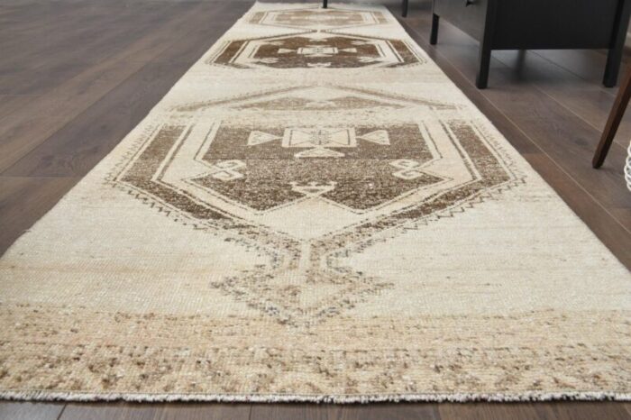 vintage turkish beige brown wool oushak runner 1960s 4