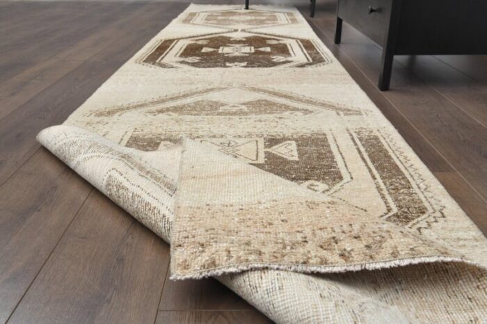 vintage turkish beige brown wool oushak runner 1960s 5