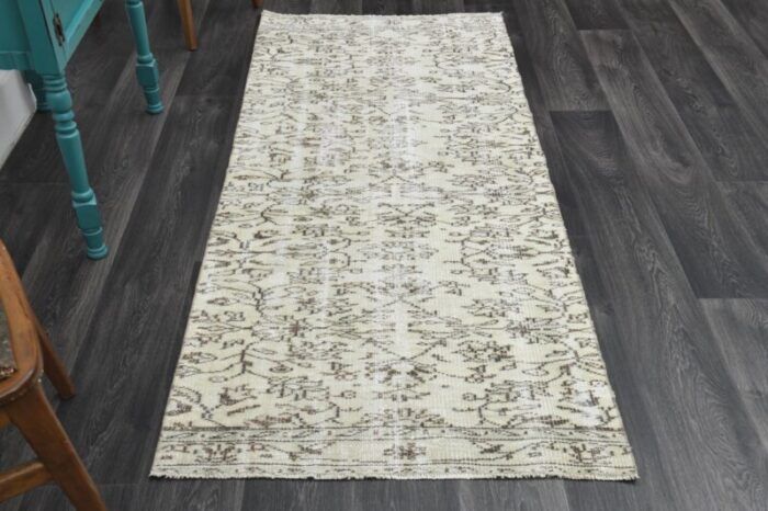 vintage turkish beige floral wool oushak runner rug 1960s 4