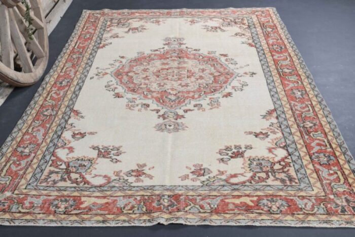 vintage turkish beige red wool oushak rug 2