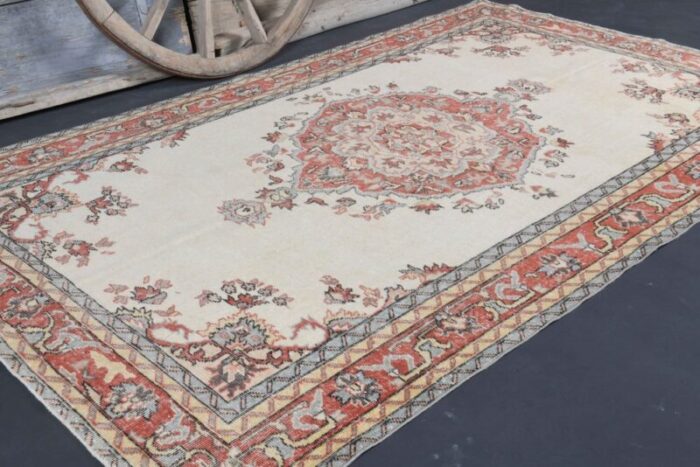 vintage turkish beige red wool oushak rug 5