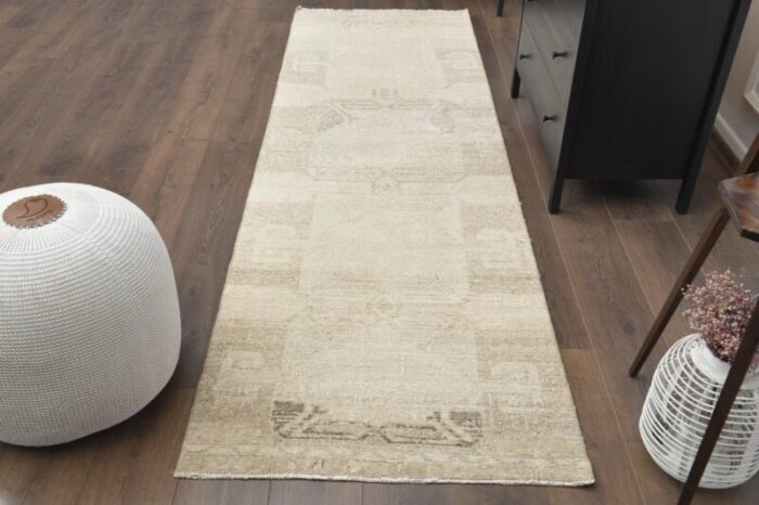 vintage turkish beige tan wool oushak runner rug 1960s 1