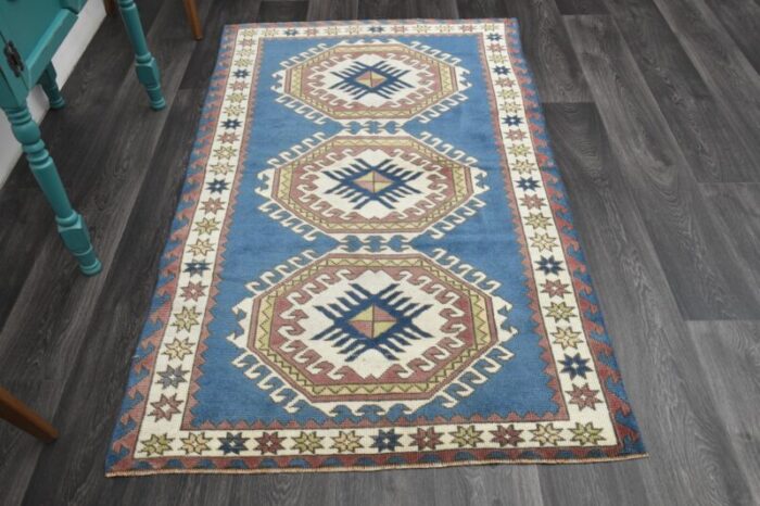 vintage turkish blue beige wool oushak rug 1960s 1