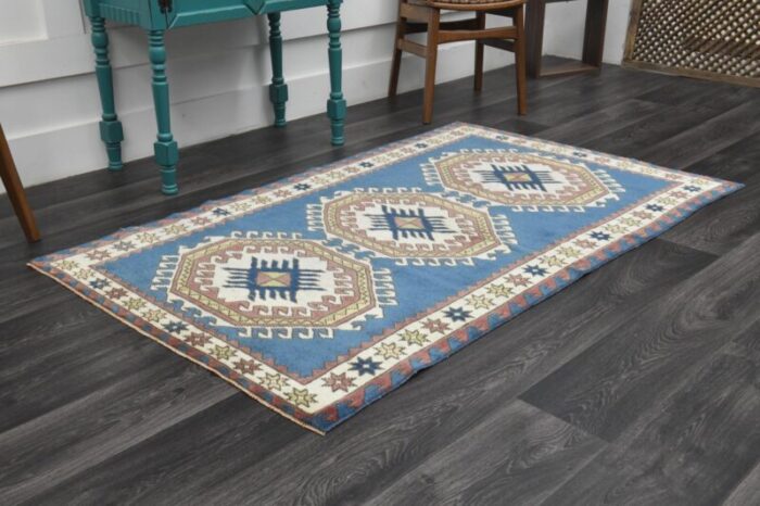 vintage turkish blue beige wool oushak rug 1960s 2