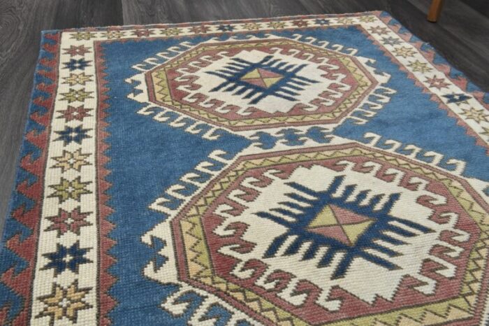 vintage turkish blue beige wool oushak rug 1960s 4