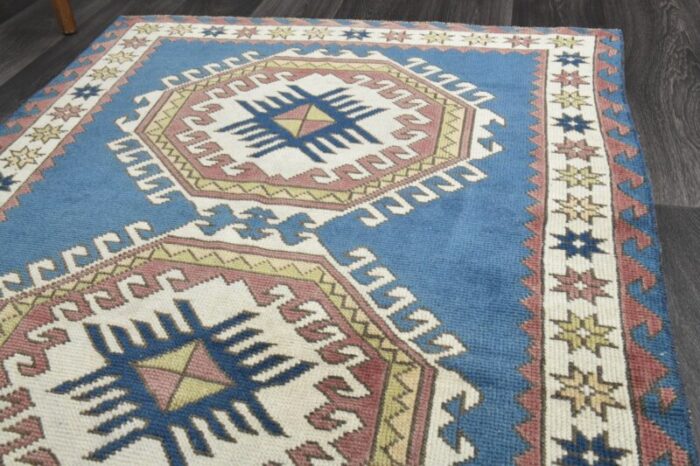 vintage turkish blue beige wool oushak rug 1960s 6