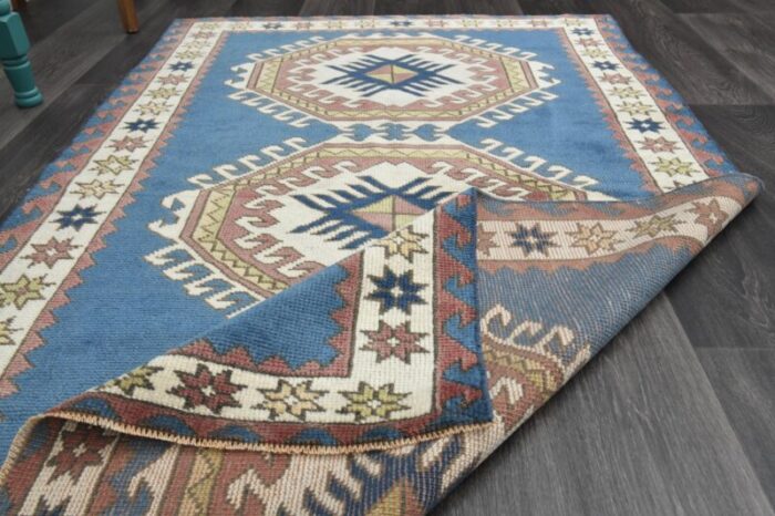 vintage turkish blue beige wool oushak rug 1960s 9