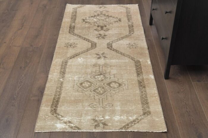 vintage turkish faded beige wool runner anatolia 1960s 1